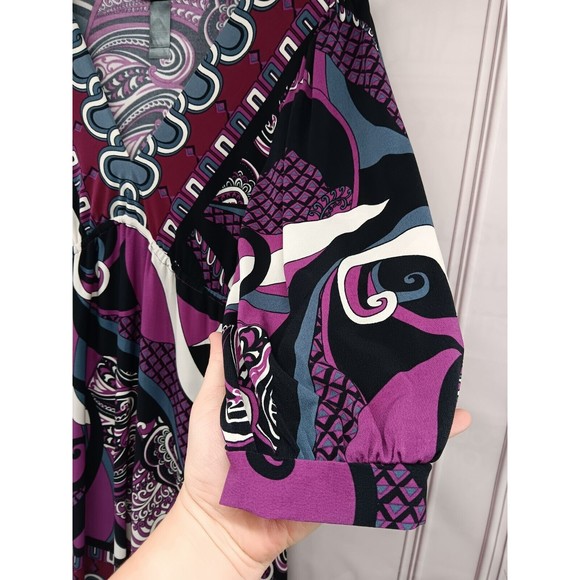 Bisou Bisou Dress Women's SZ 6 Stretch V-Neck High Waist Puff Sleeves Paisley EC - Picture 11 of 16